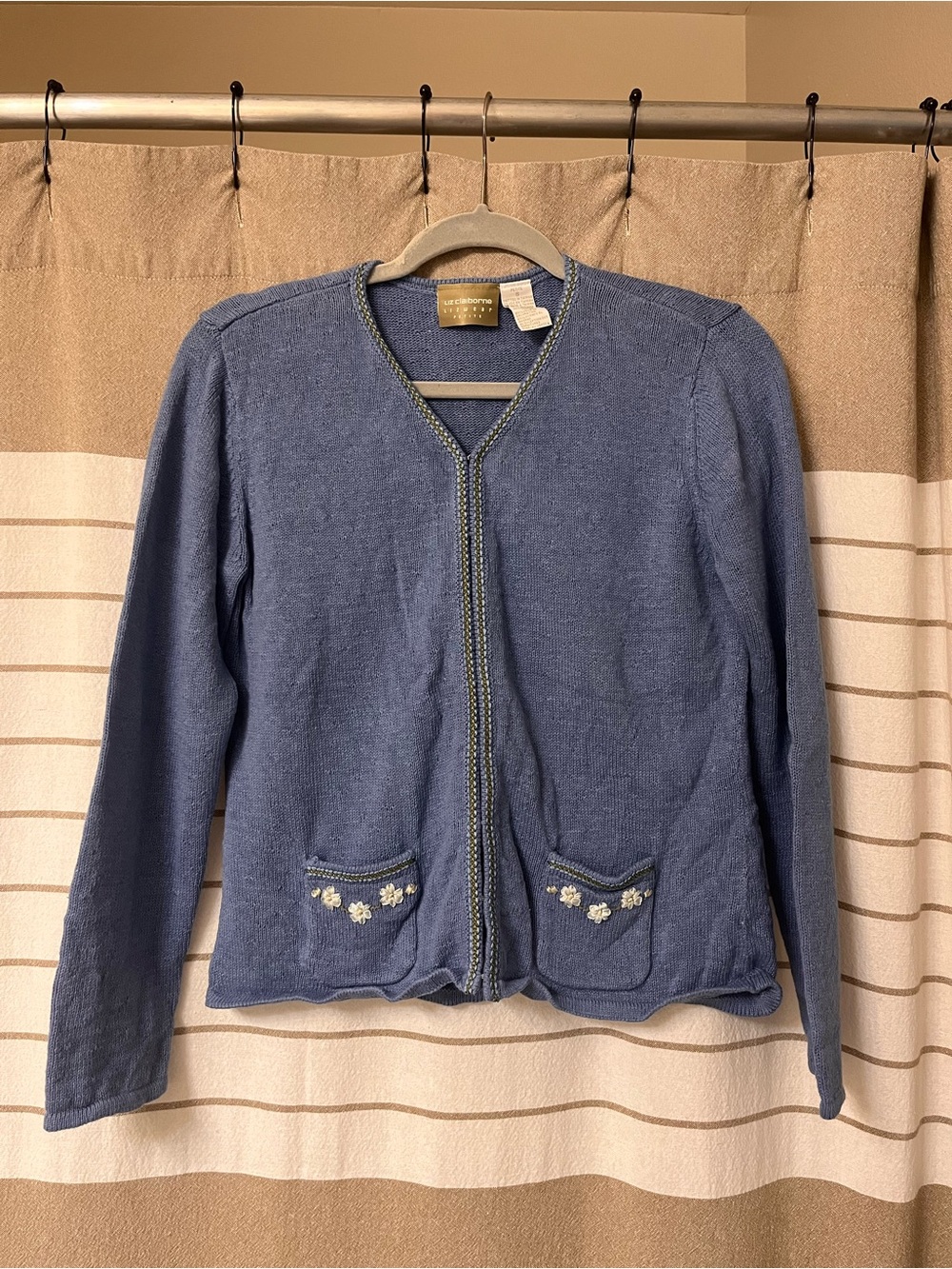 Liz Claiborne Blue Embroidered Pocket Cardigan Sweater